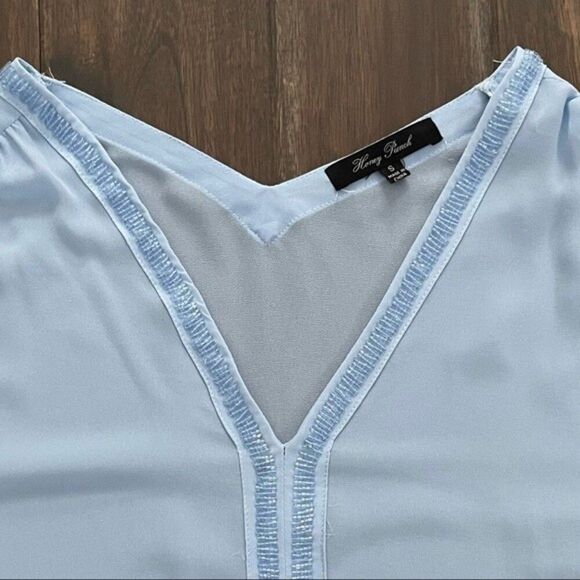 Honey Punch Light Blue Long Sleeve Sheer Beaded Blouse S - Picture 2 of 5